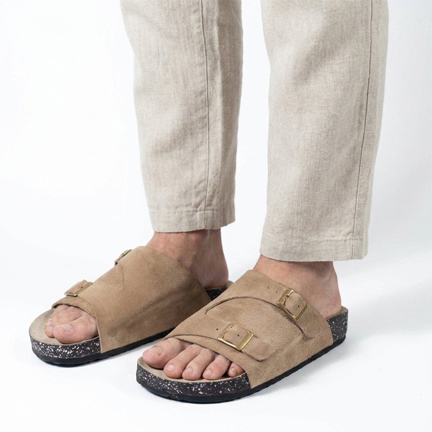 Soft Step - Double-Strap Suede Sandal - Beige